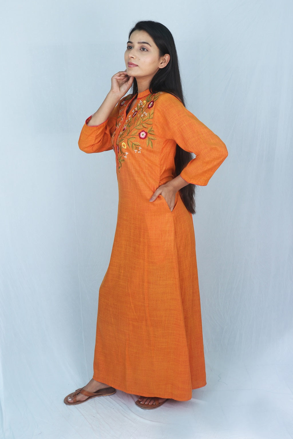 Mustard Embroidered Yoke Kaftan