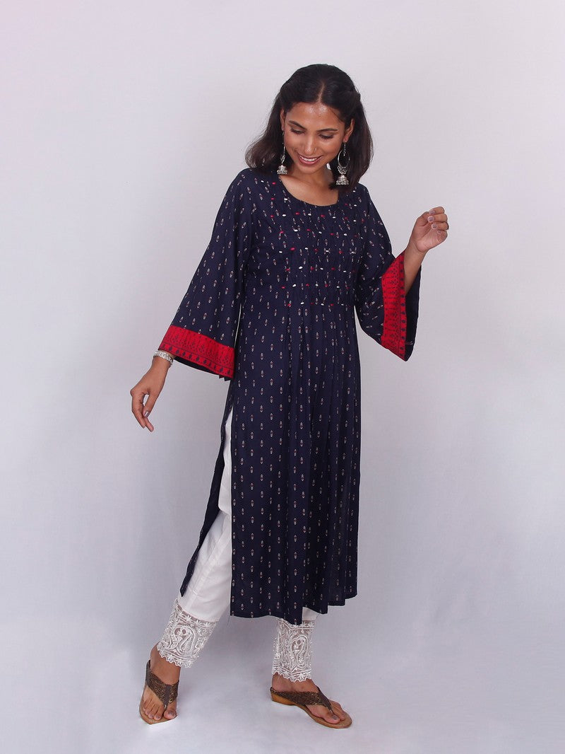 Navy Blue Bell Sleeve Long Kurta