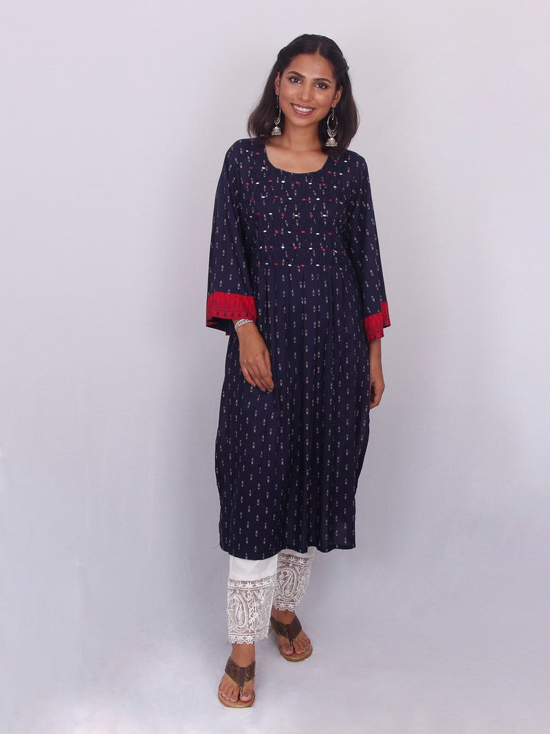 Navy Blue Bell Sleeve Long Kurta