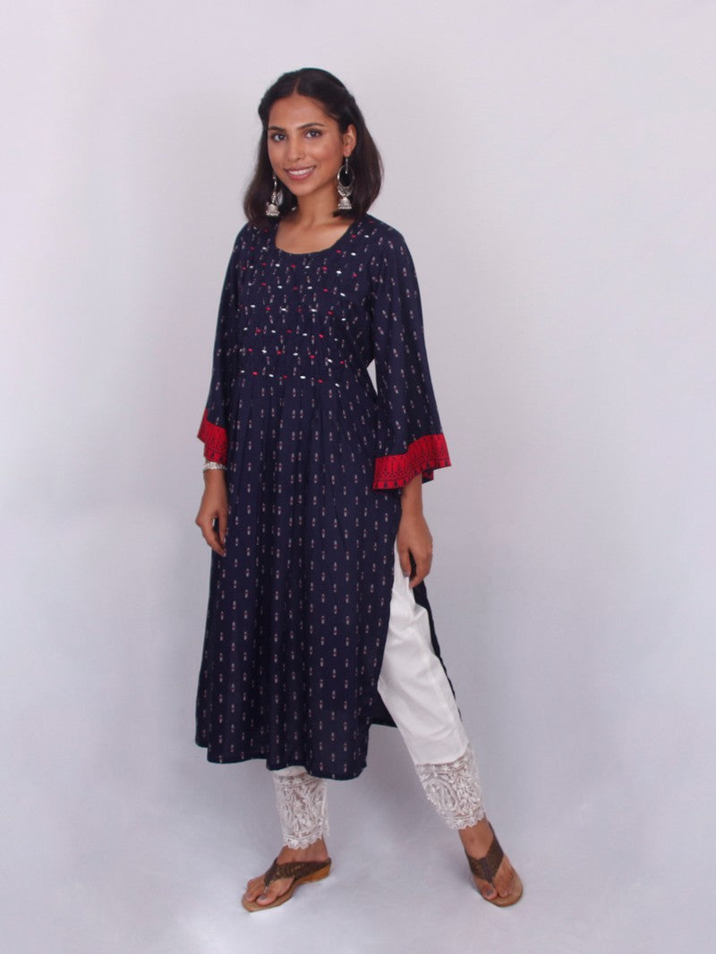 Navy Blue Bell Sleeve Long Kurta