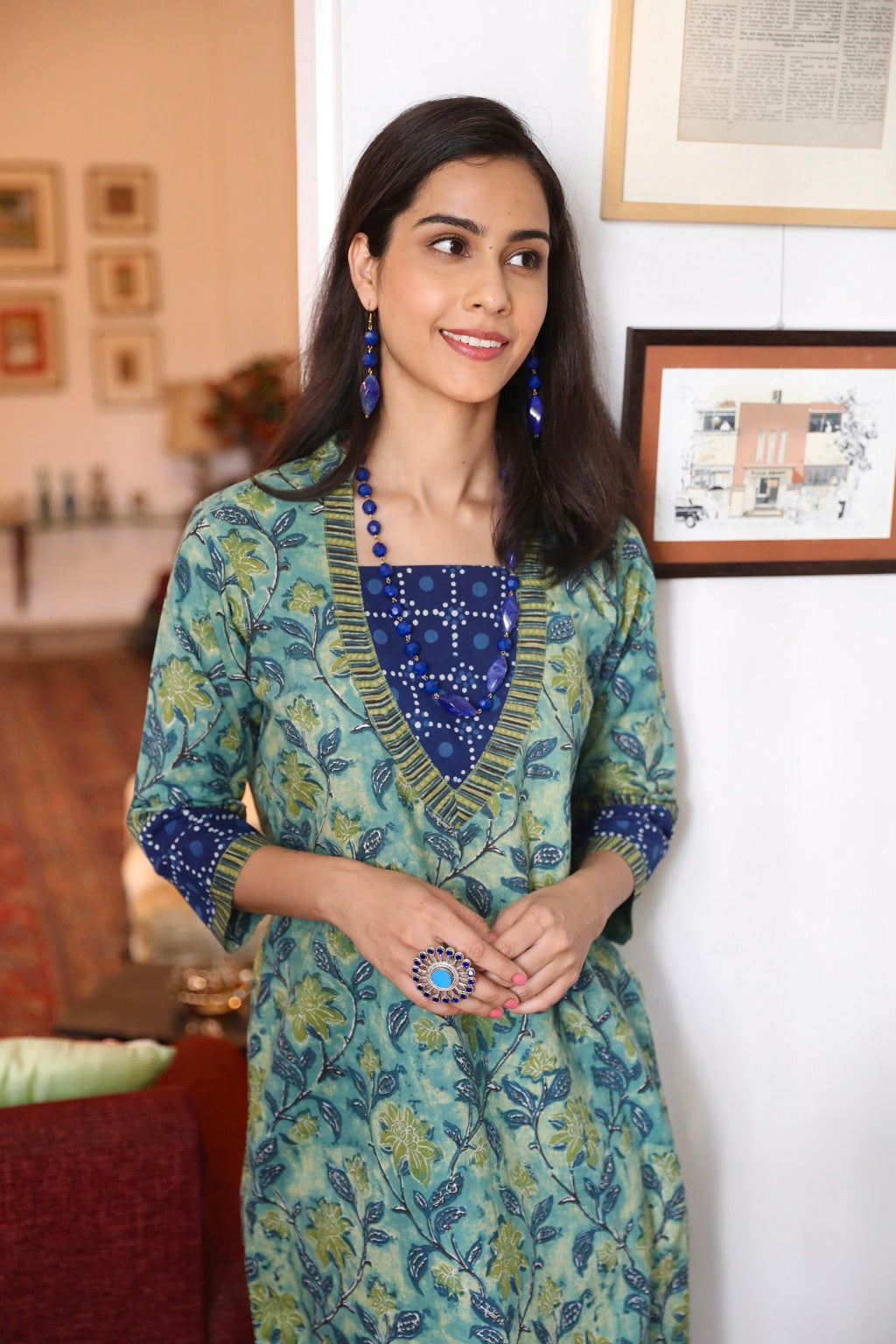 Printed Floral Dhaboo Yoke Ethnic Suit