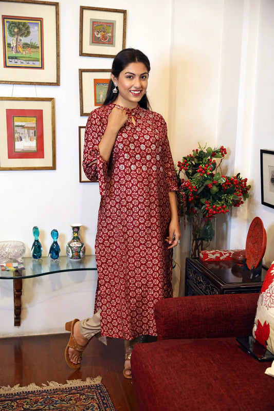 Maroon Muslin Tikki Printed Kurta Set