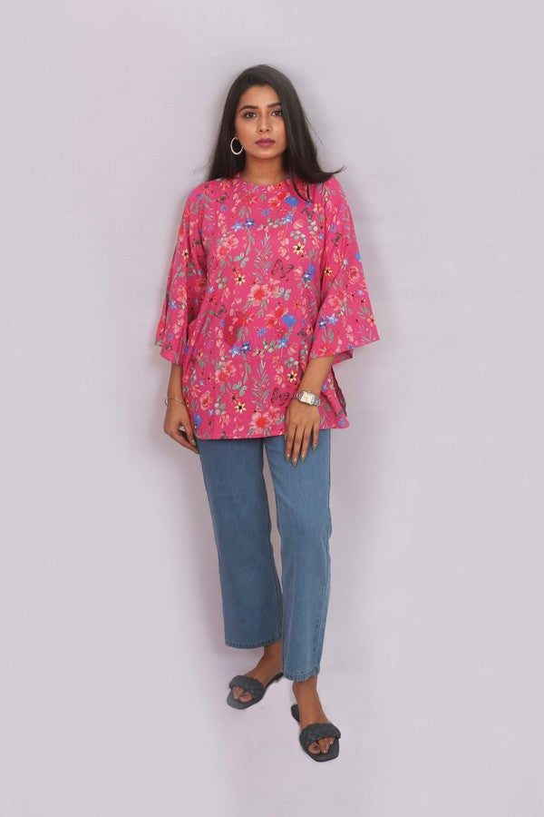 Pink Bell Sleeve Tail Short Kurti