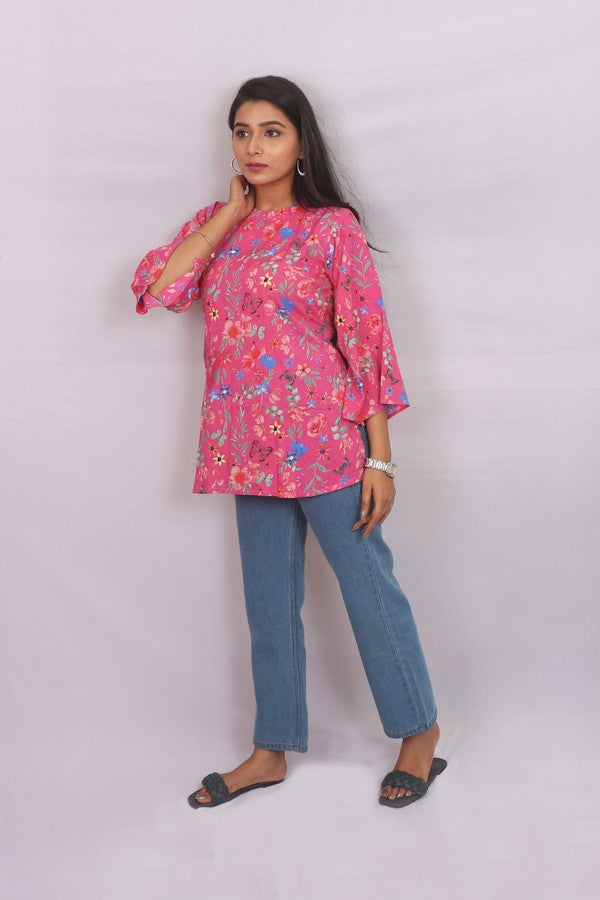Pink Bell Sleeve Tail Short Kurti