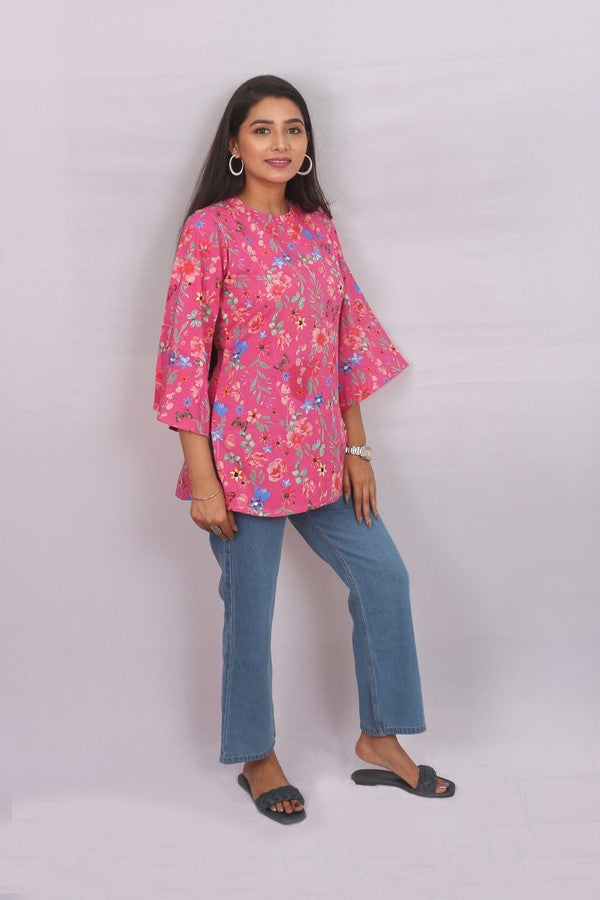 Pink Bell Sleeve Tail Short Kurti