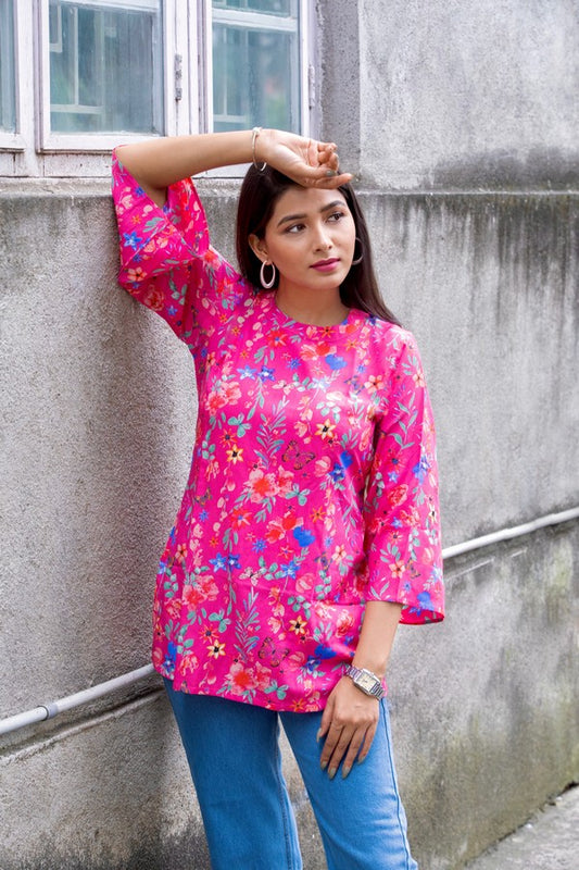 Pink Bell Sleeve Tail Short Kurti