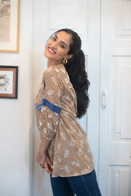 Beige & Blue Pleat Embroidery Yoke Kurti