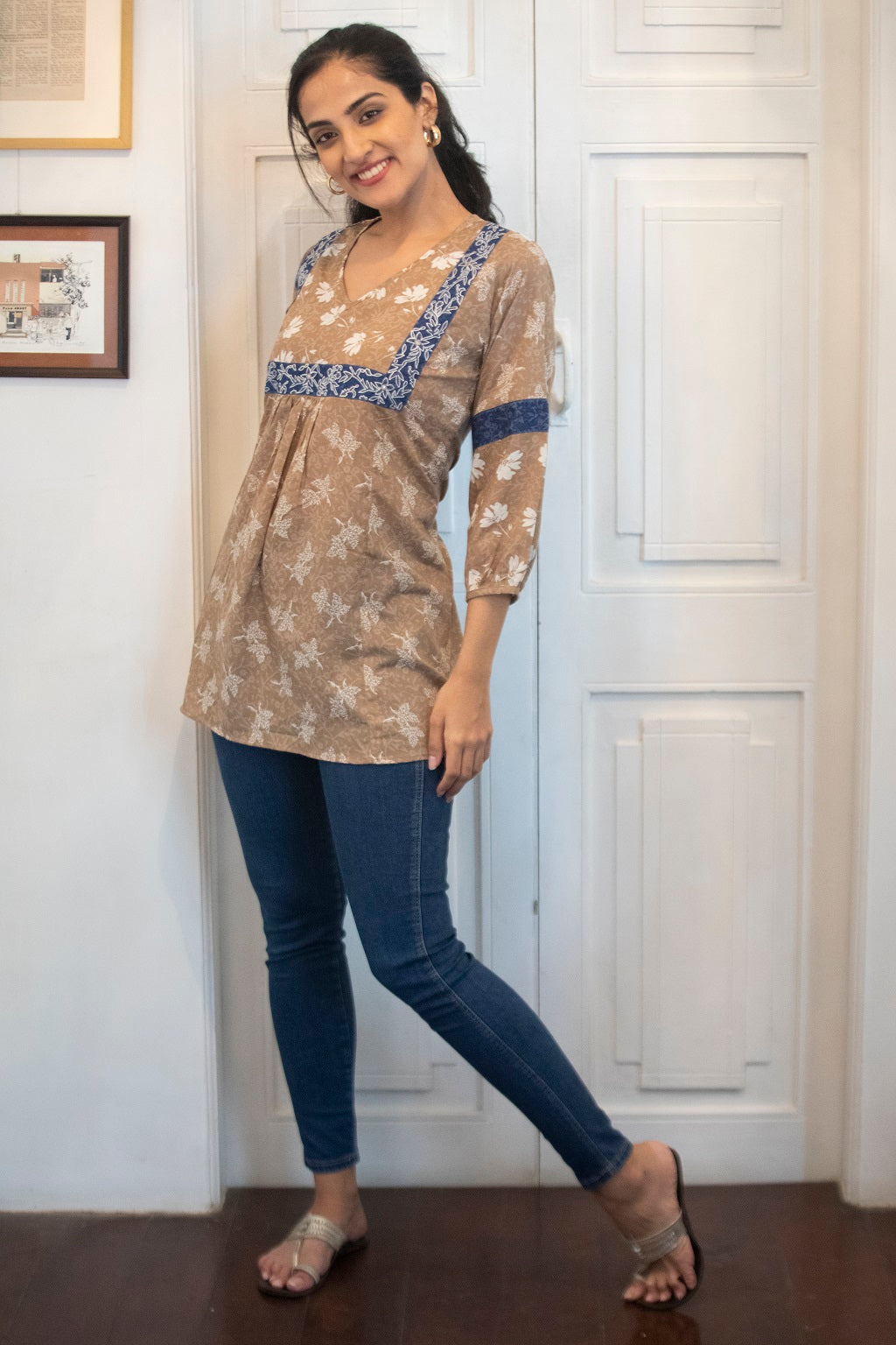 Beige & Blue Pleat Embroidery Yoke Kurti