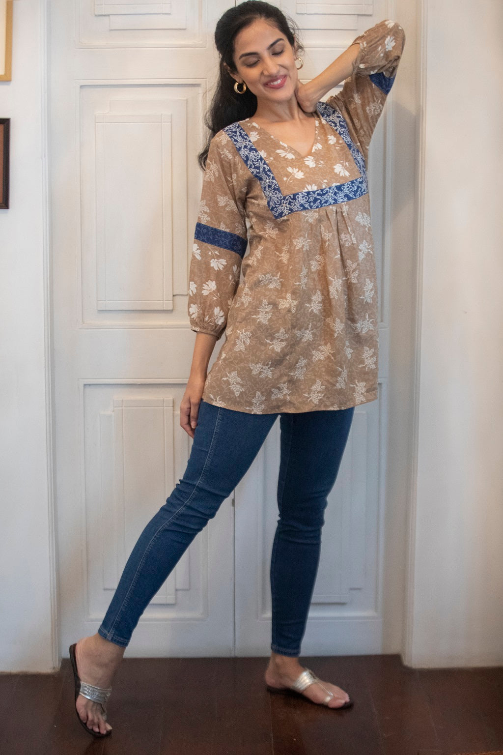 Beige & Blue Pleat Embroidery Yoke Kurti