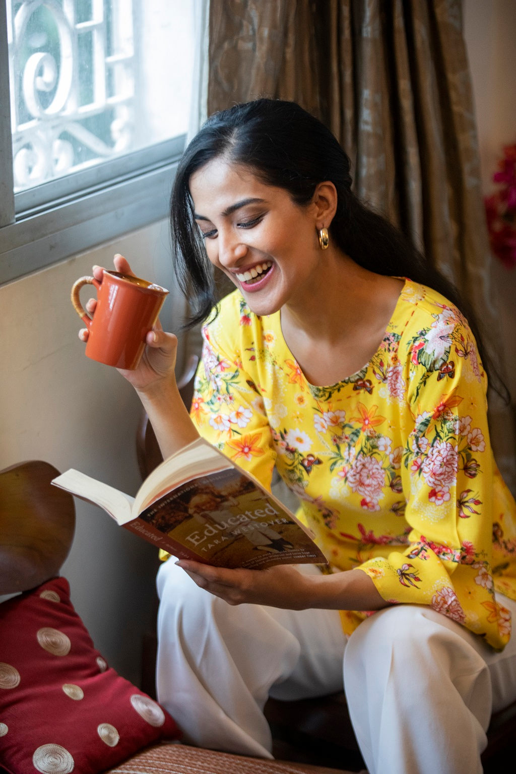 Red Cord Stitch Neck Kurti