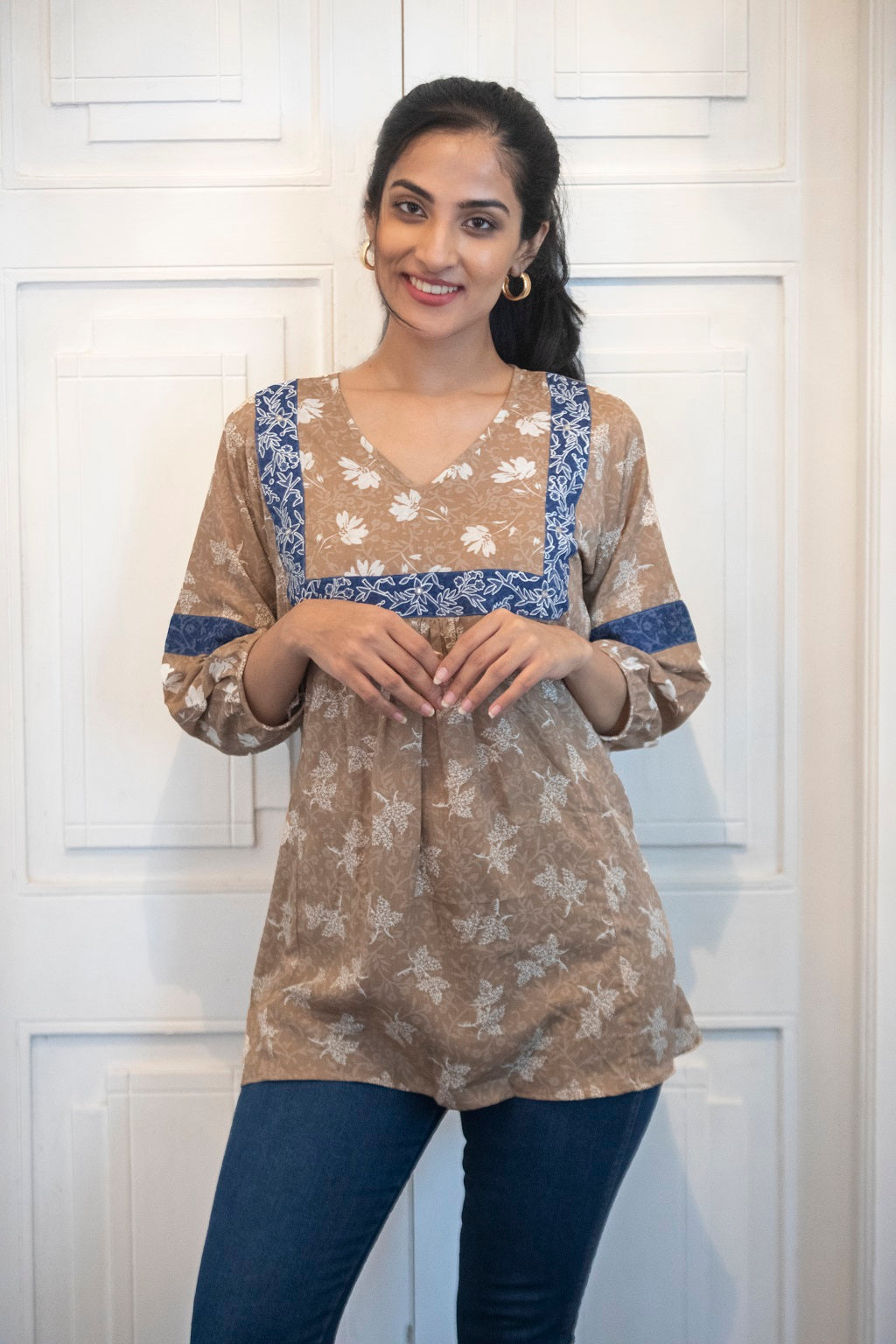 Beige & Blue Pleat Embroidery Yoke Kurti