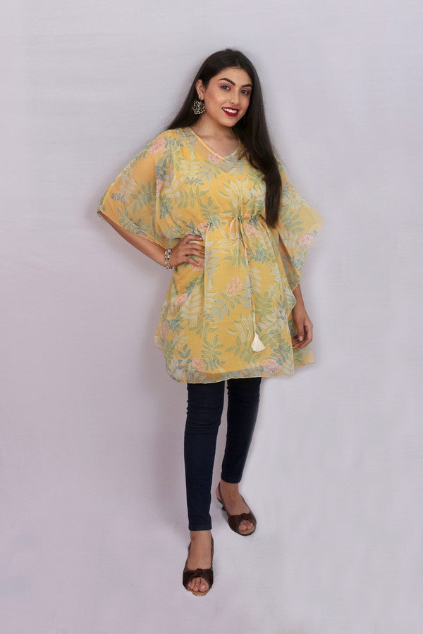 Yellow Floral Poncho Short Kurti