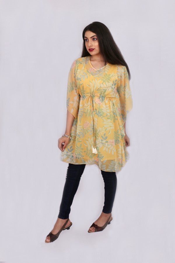 Yellow Floral Poncho Short Kurti