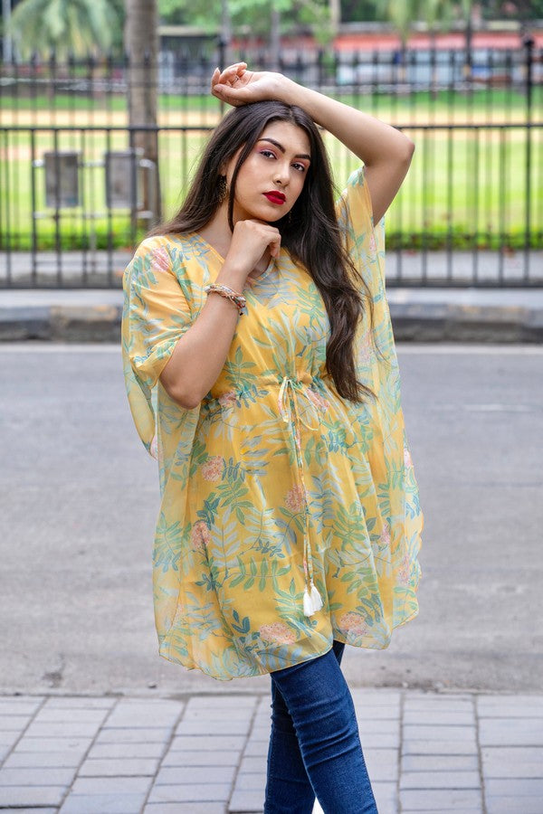 Yellow Floral Poncho Short Kurti