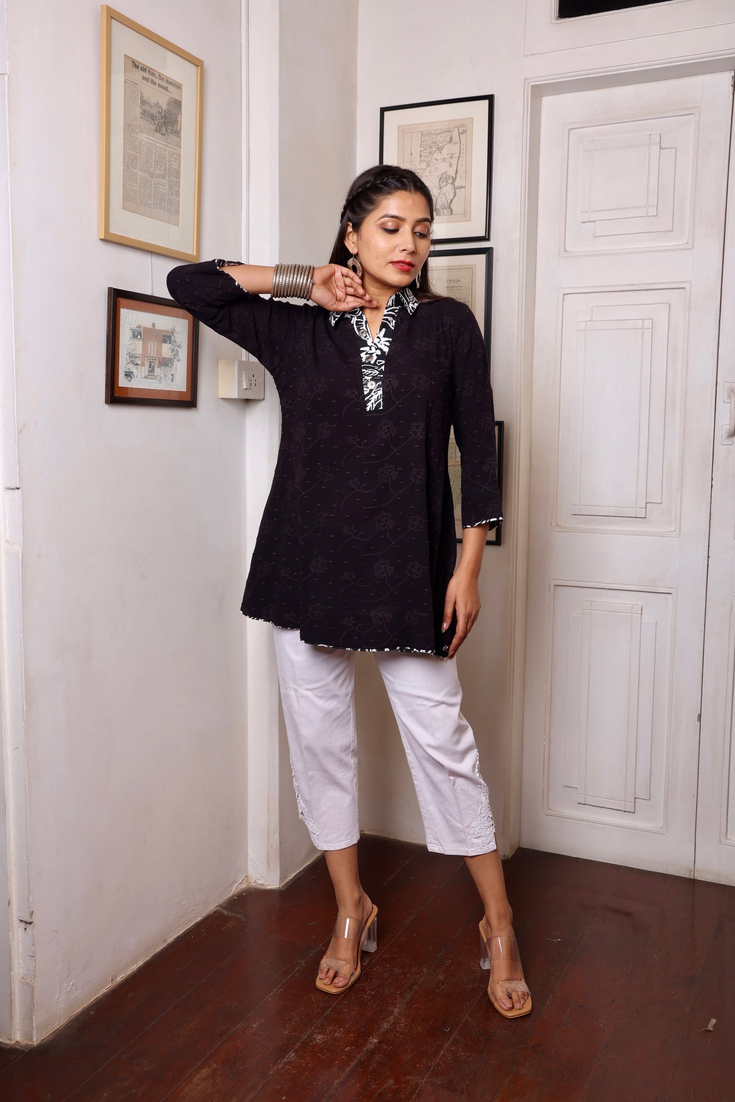 Black White Hakoba Georgette Short Kurti