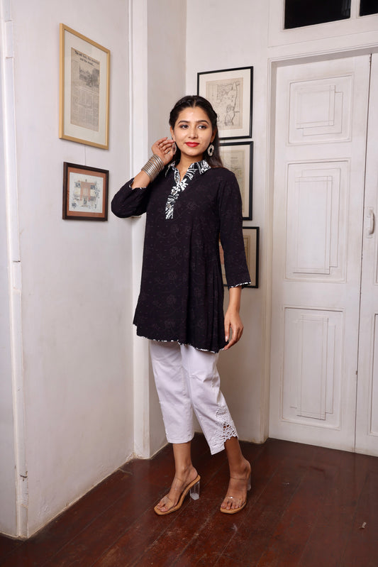 Black White Hakoba Georgette Short Kurti