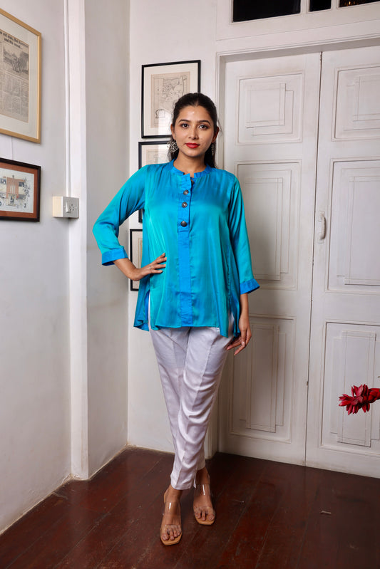 Blue Green Silk Short Kurti