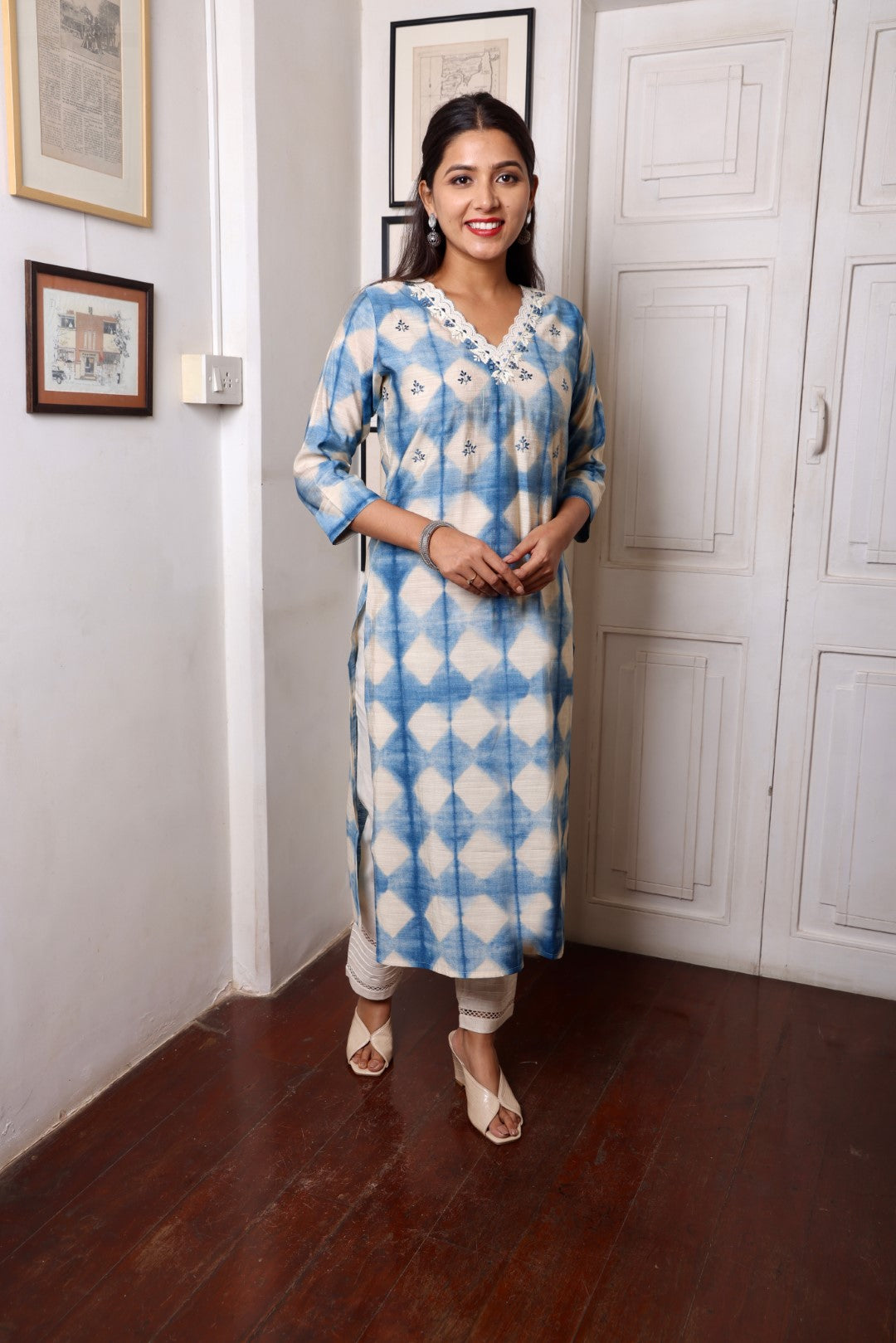 Blue White Cutwork Neck Long Kurta