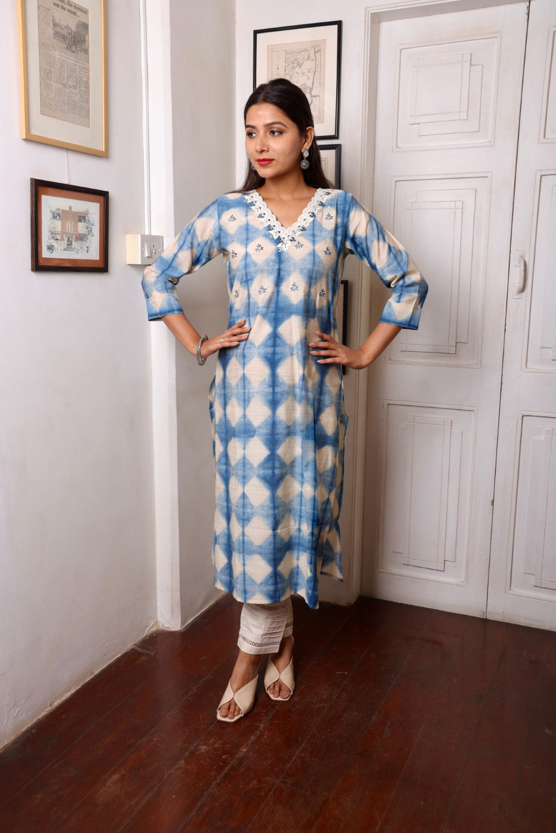 Blue White Cutwork Neck Long Kurta