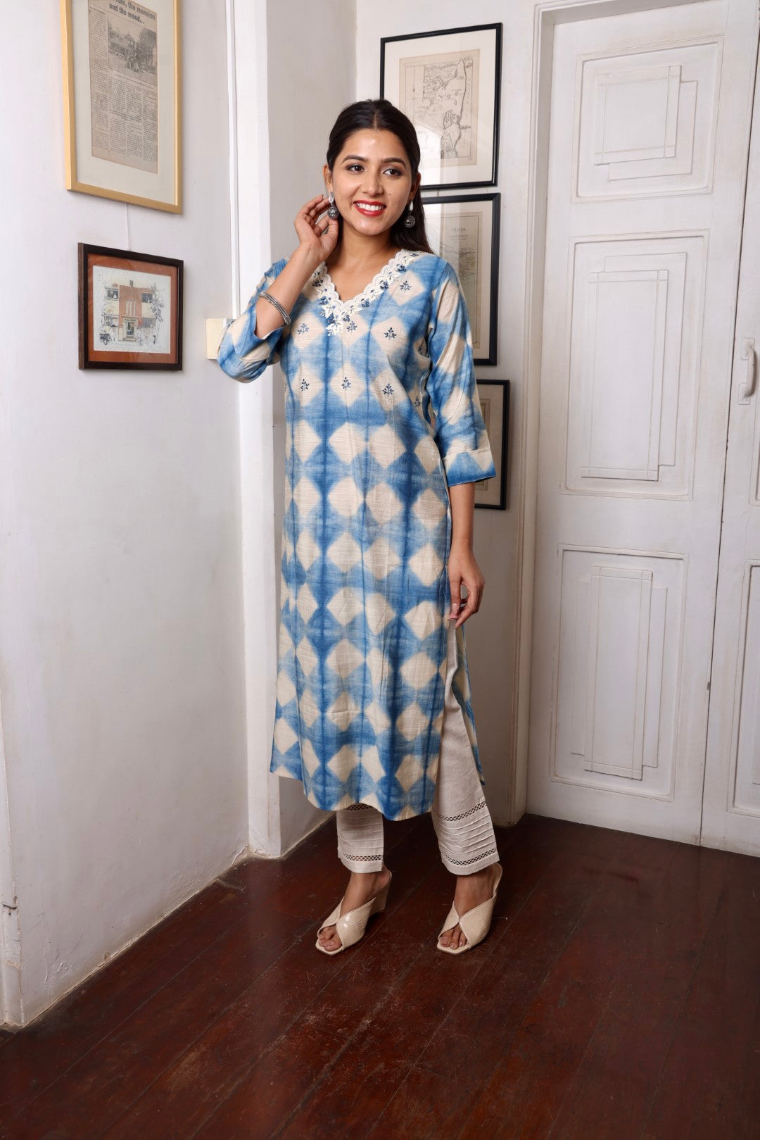 Blue White Cutwork Neck Long Kurta