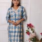 Blue White Cutwork Neck Long Kurta