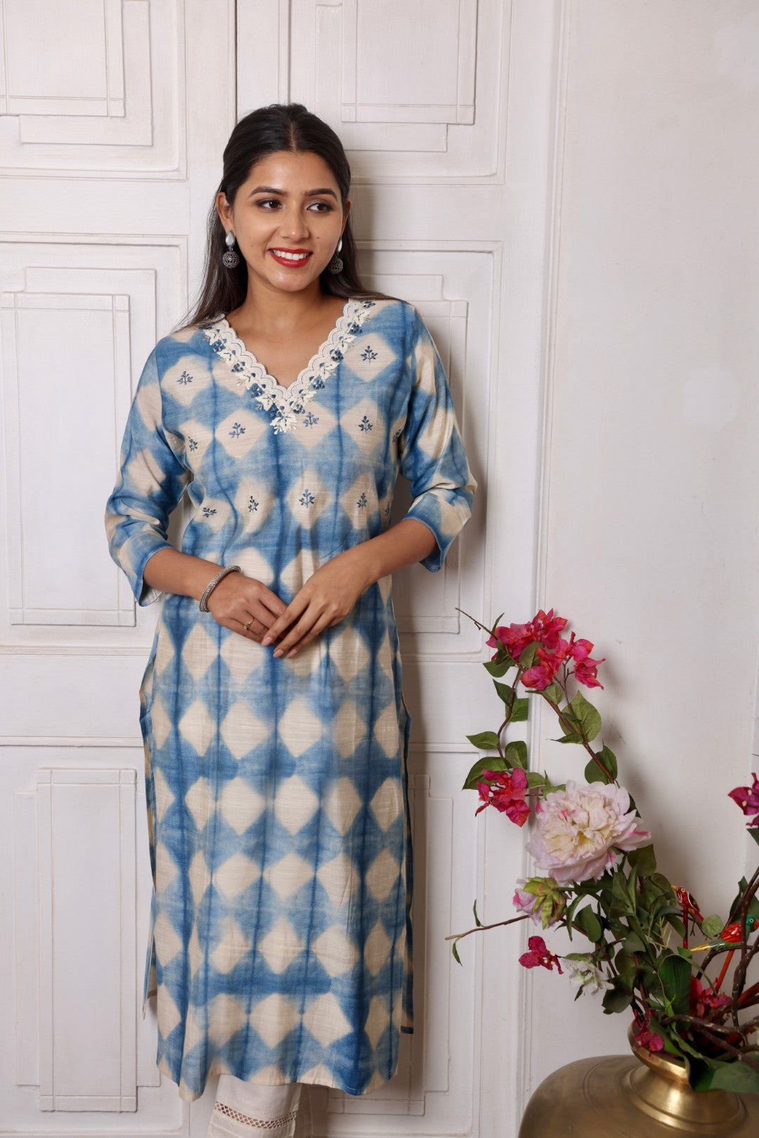 Blue White Cutwork Neck Long Kurta