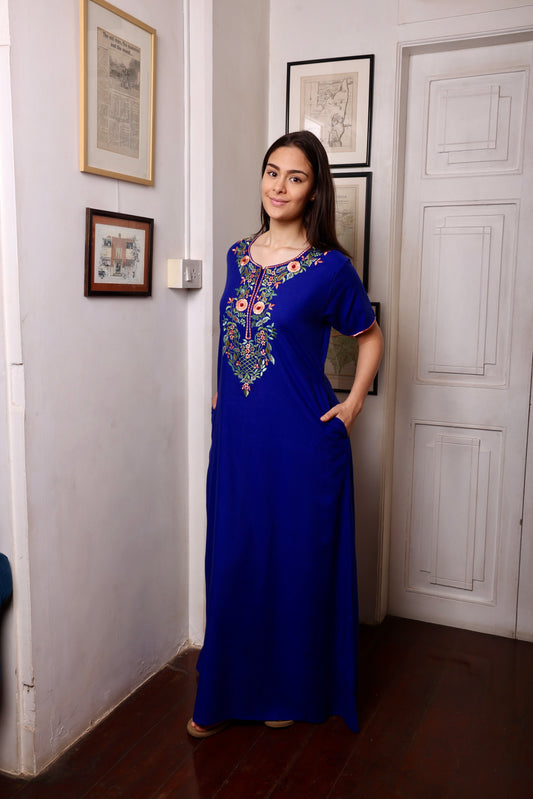 Cobalt Blue Embroidered Yoke Kaftan