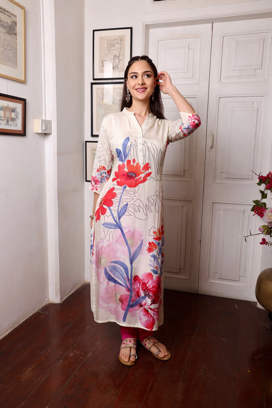 Cream Muslin Digital Printed Long Kurta