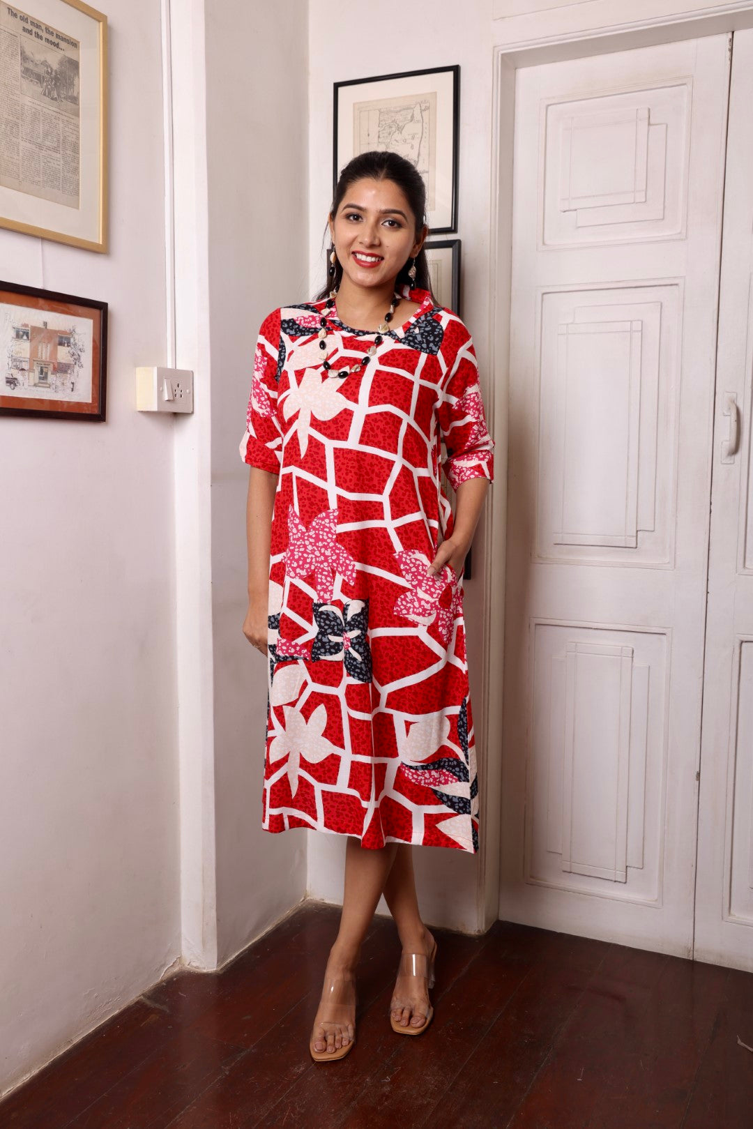 Cream Red Rayon Abstract Printed Dress