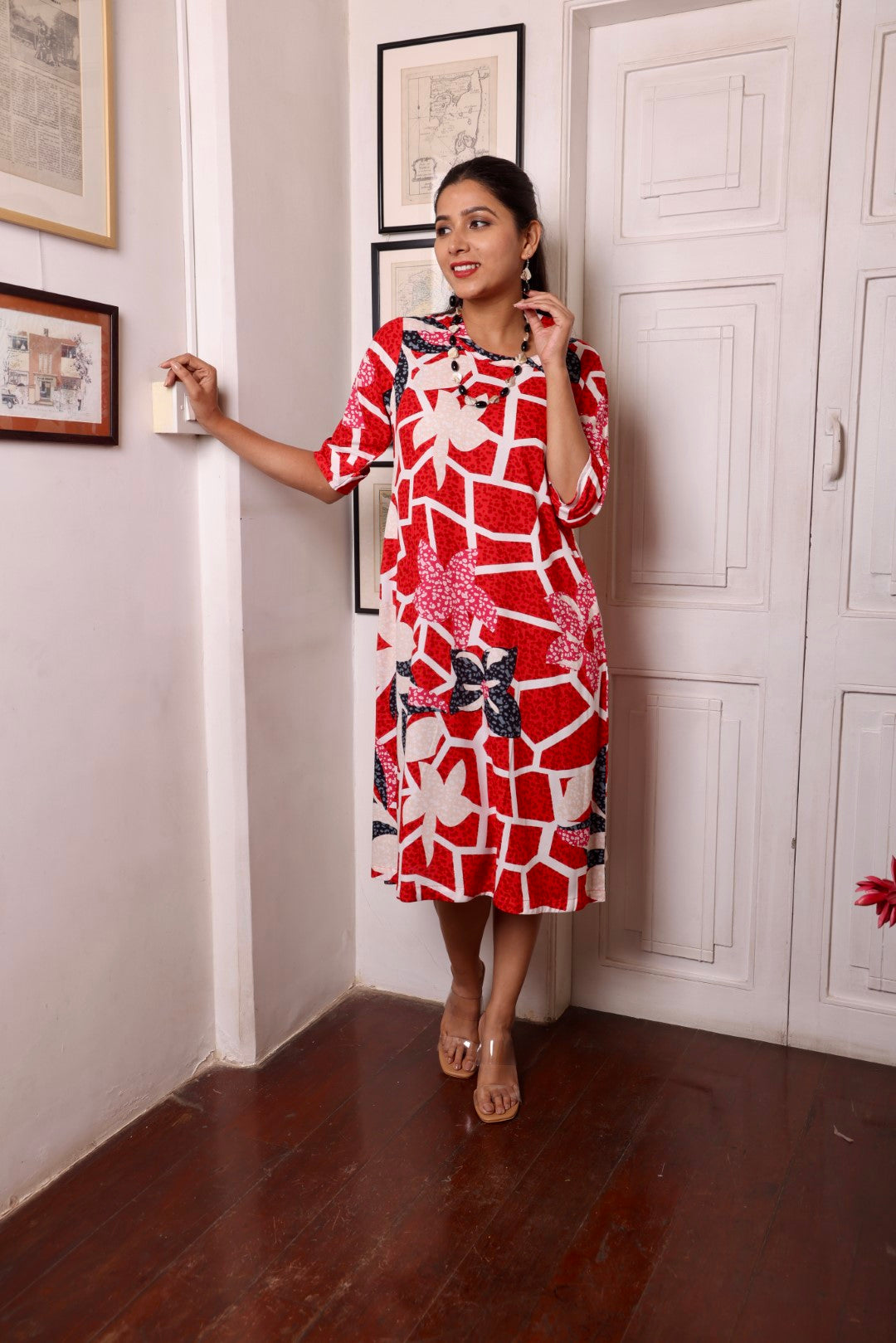 Cream Red Rayon Abstract Printed Dress