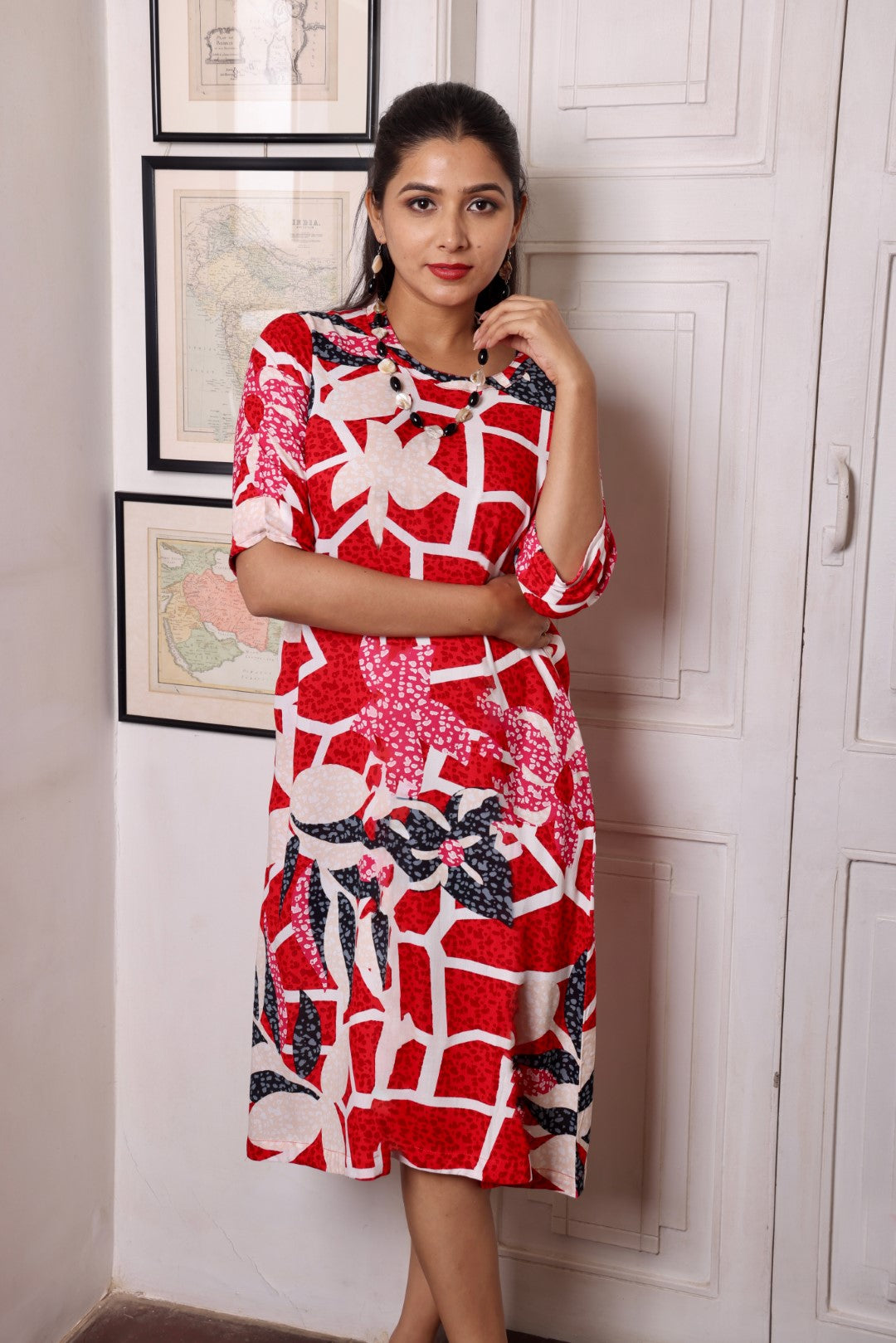 Cream Red Rayon Abstract Printed Dress