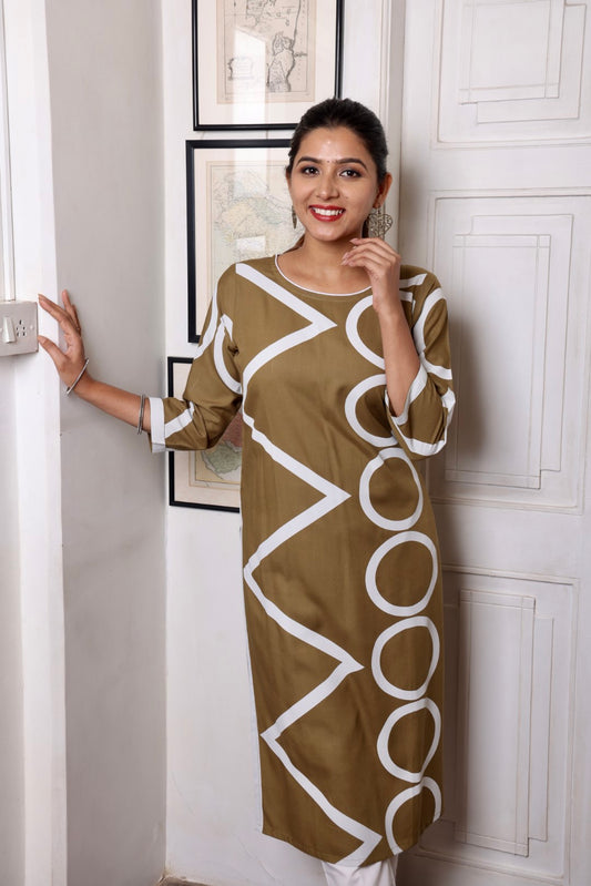 Green Geometric Rayon Printed Long Kurta