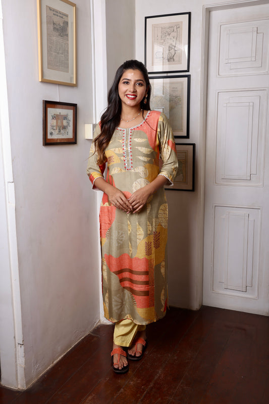 Green Multicolored Muslin Long Kurta