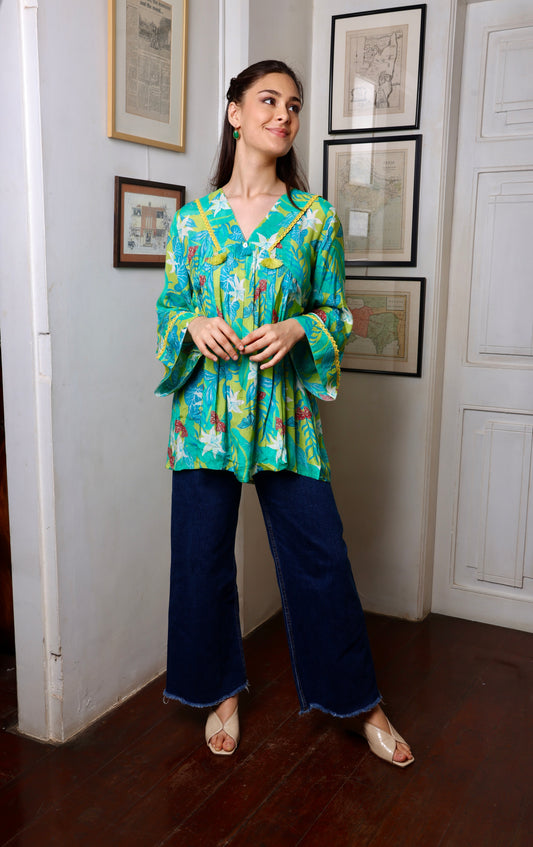 Green Muslin Printed Short Kurti