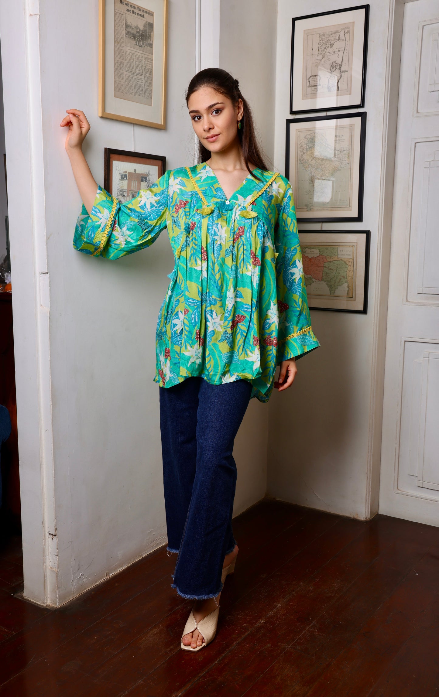 Green Muslin Printed Short Kurti