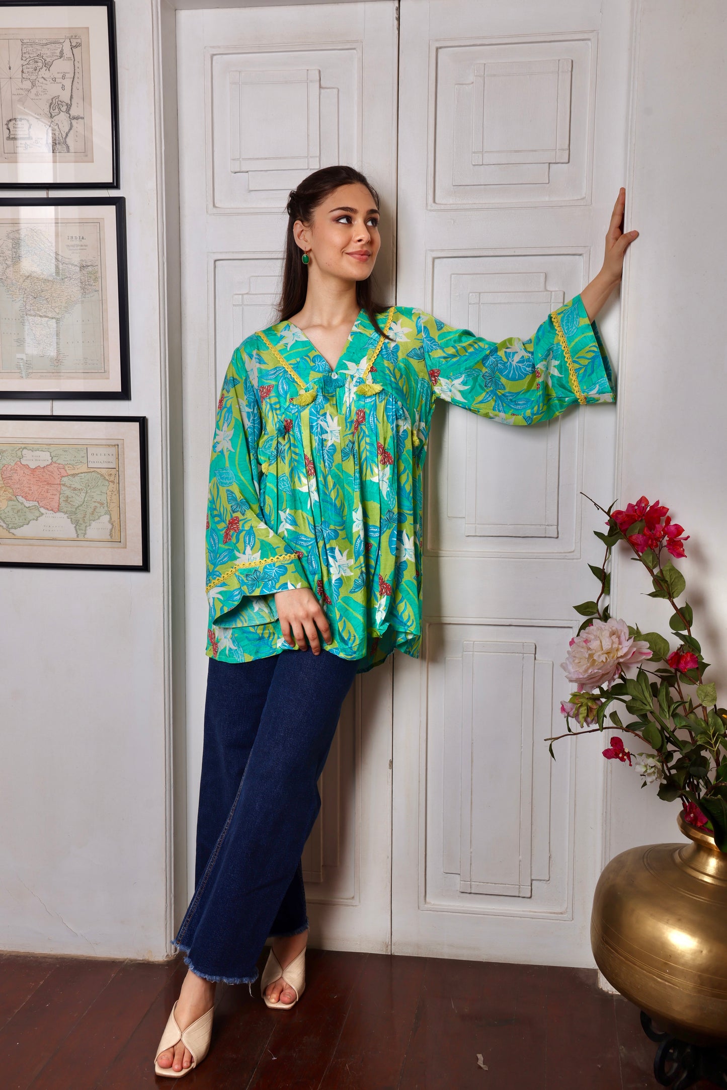 Green Muslin Printed Short Kurti