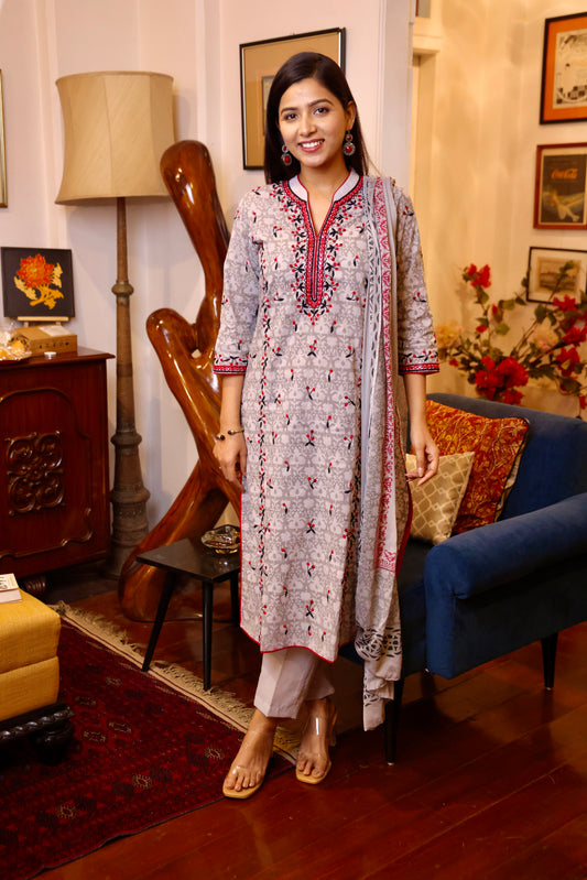 Grey Maroon Block Printed Ethnic Suit