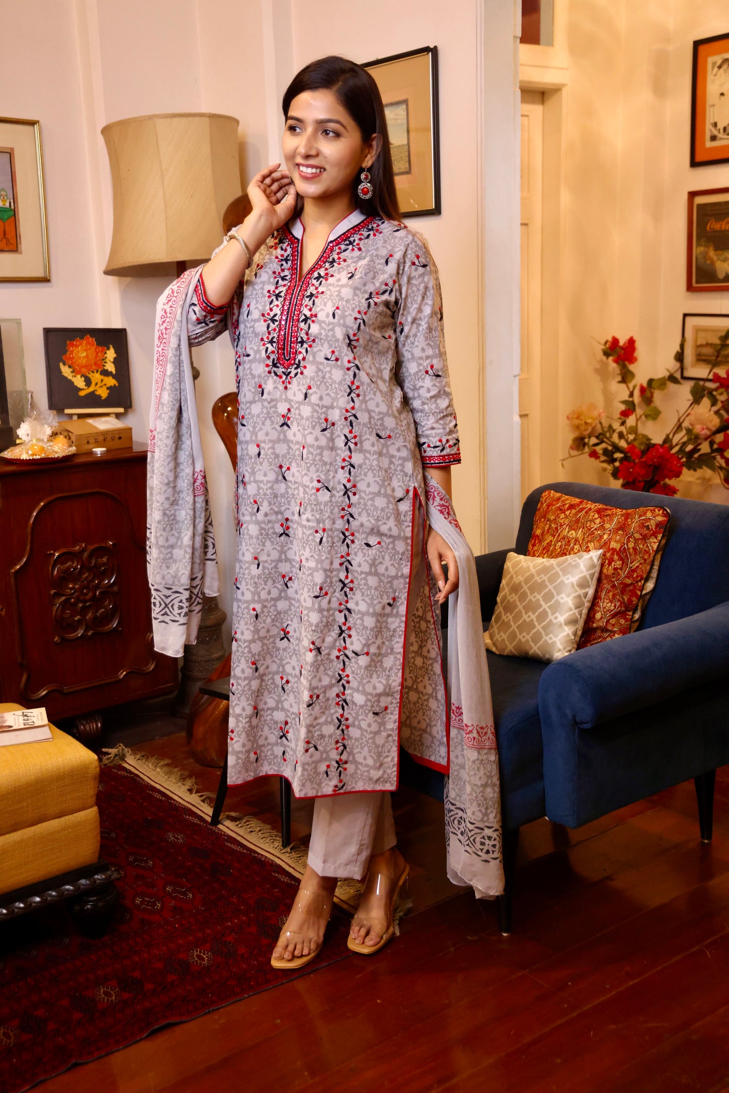 Grey Maroon Block Printed Ethnic Suit