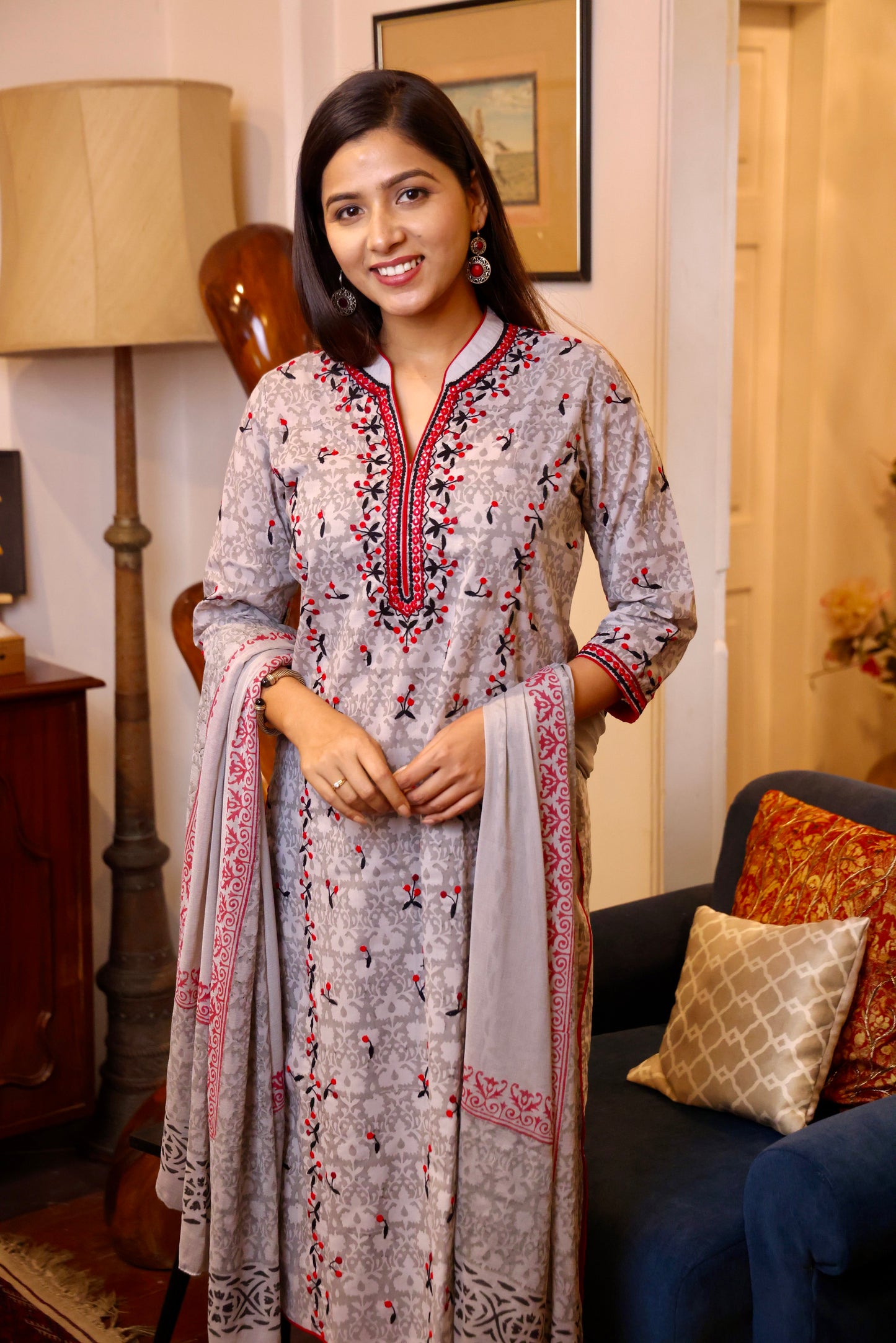 Grey Maroon Block Printed Ethnic Suit