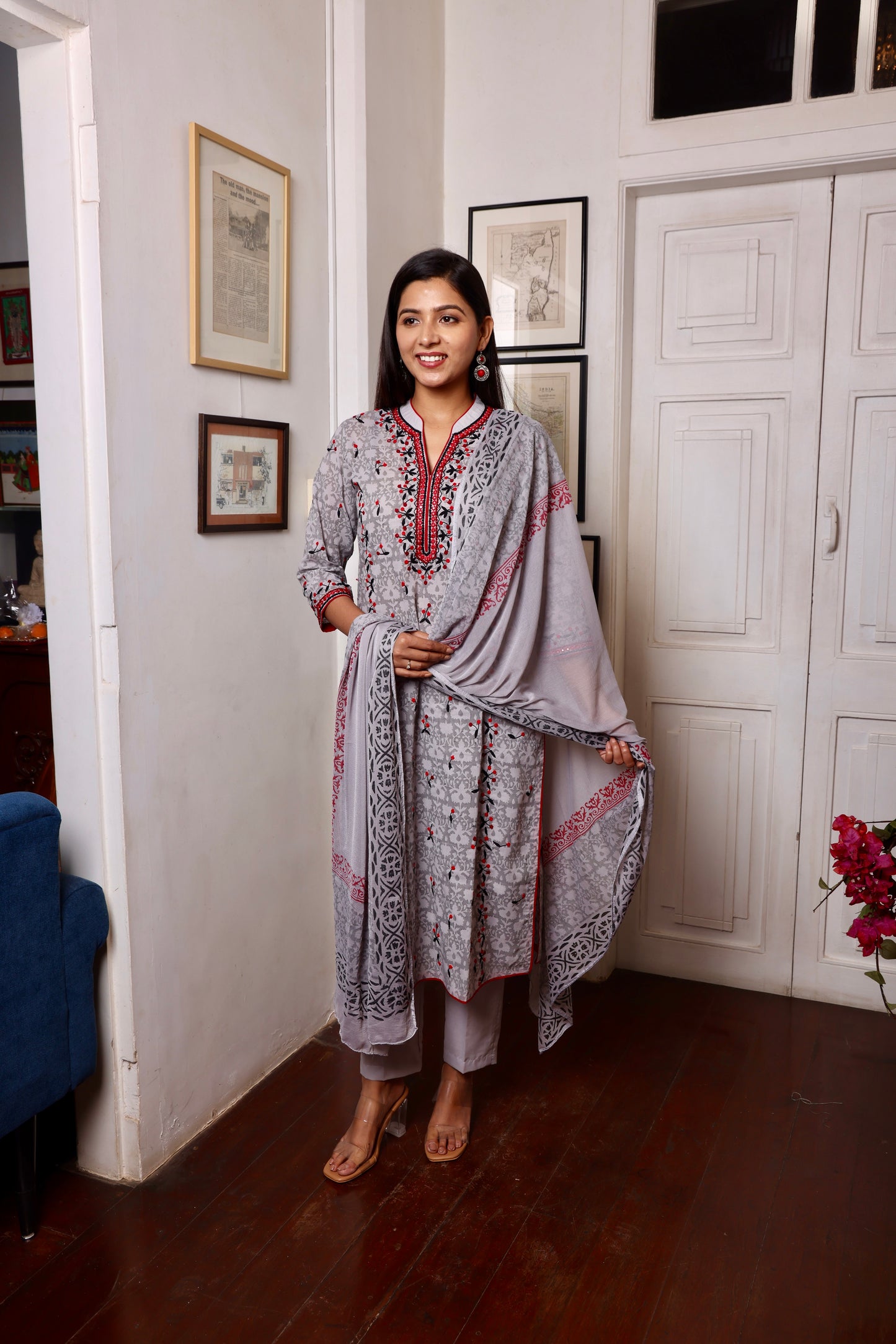 Grey Maroon Block Printed Ethnic Suit