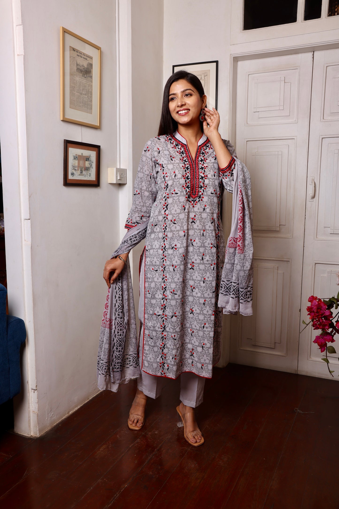 Grey Maroon Block Printed Ethnic Suit