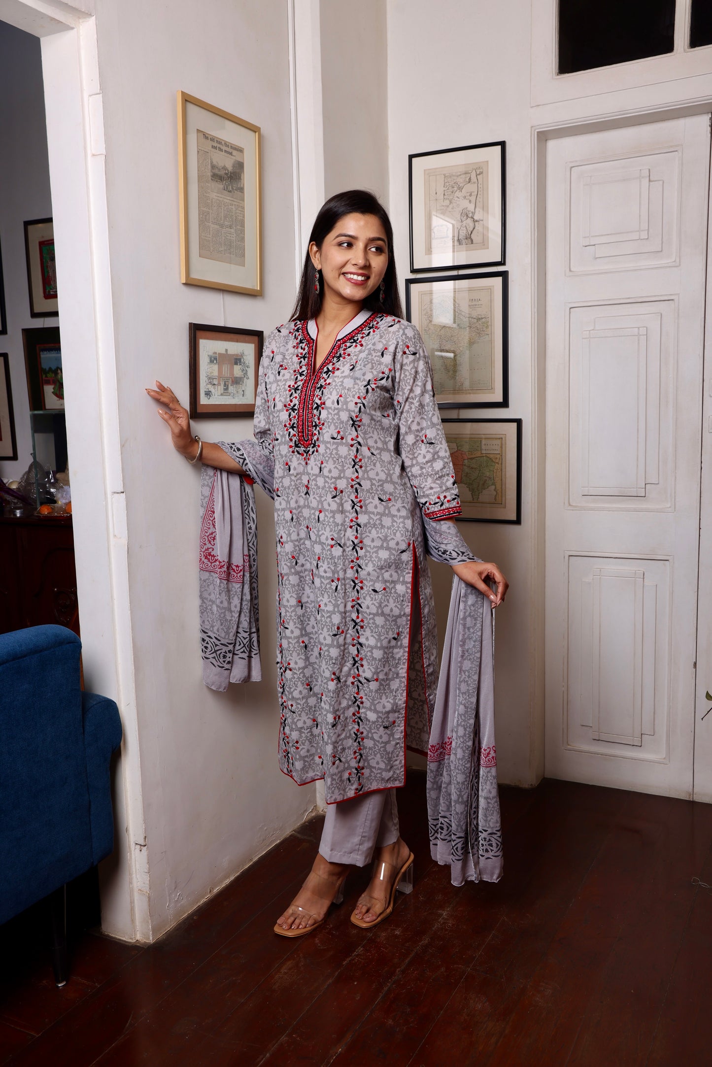 Grey Maroon Block Printed Ethnic Suit