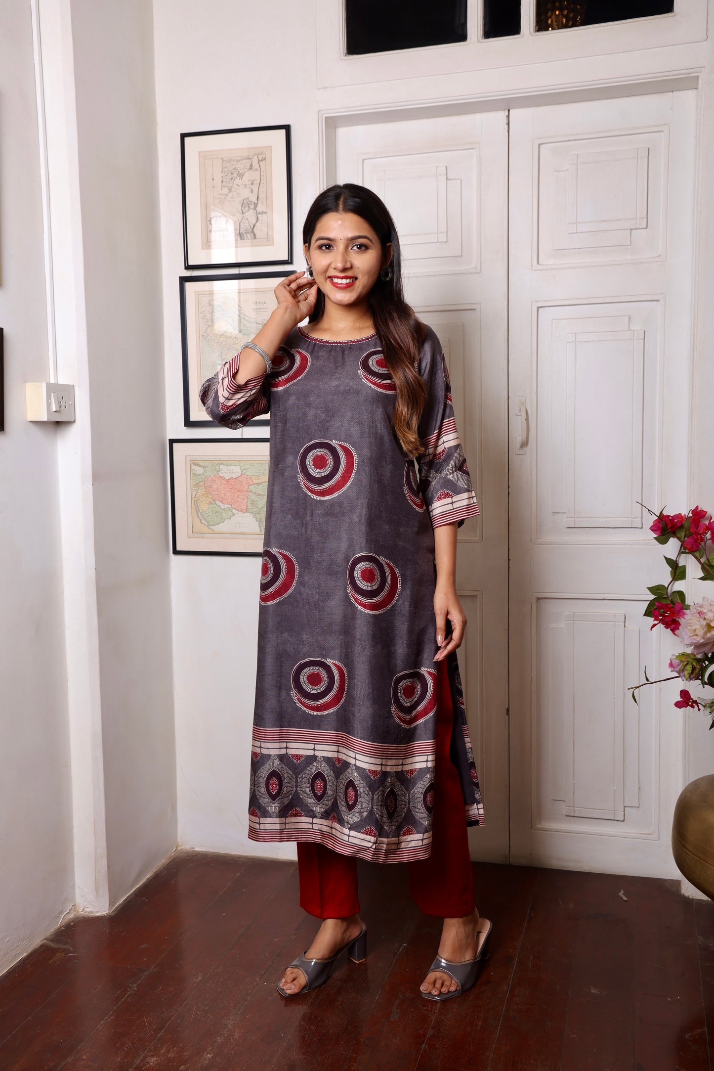 Grey Muslin Chakra Printed Long Kurta