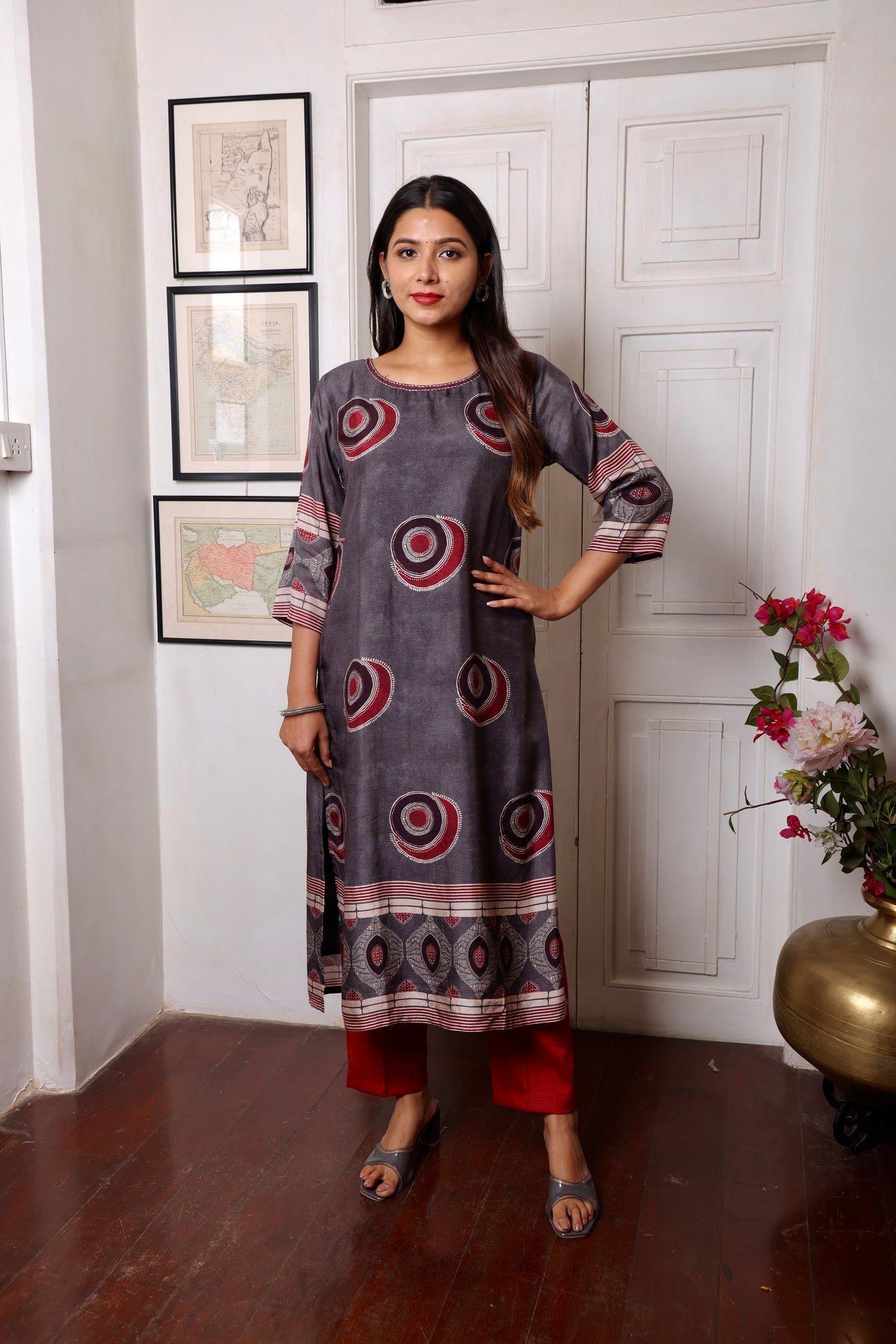 Grey Muslin Chakra Printed Long Kurta