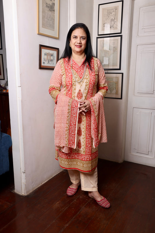 Beige and Orange Block Printed Ethnic Suit