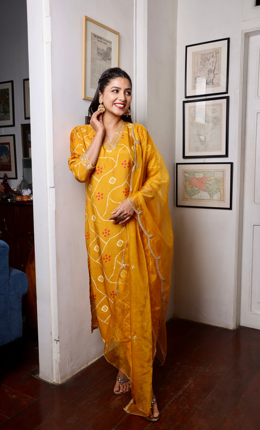 Mustard Bandhani Ethnic Suit