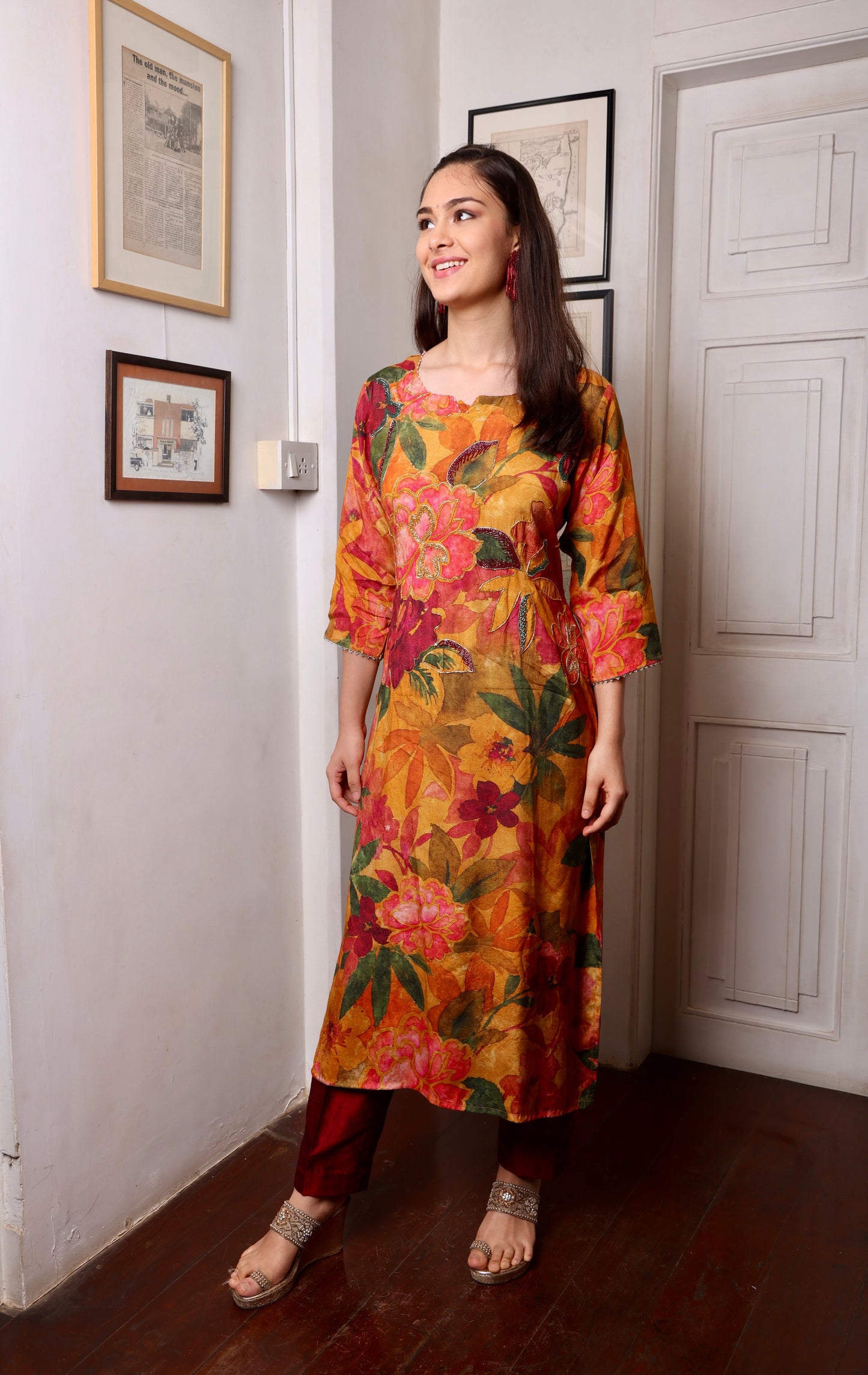 Mustard Floral Muslin Long Kurta