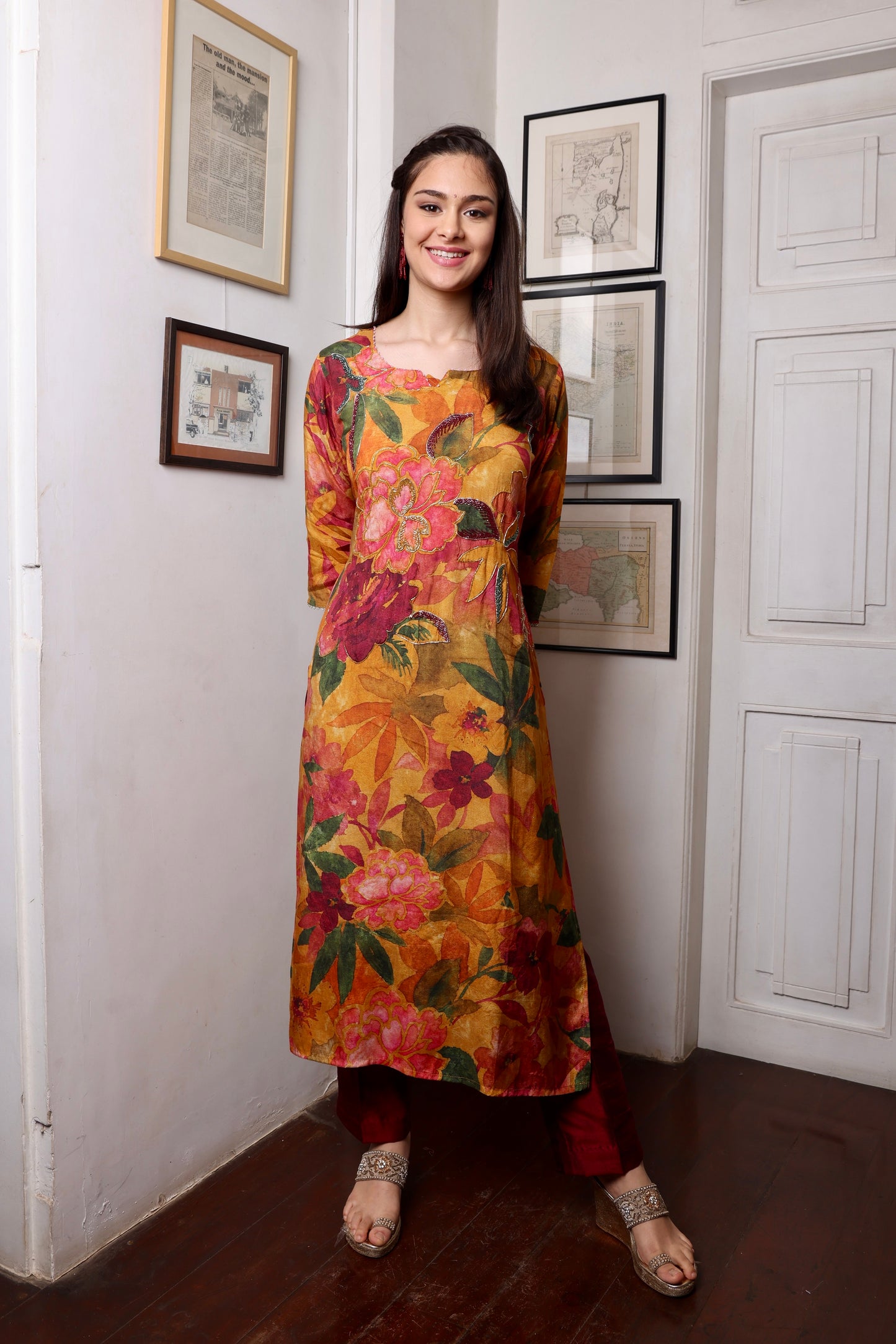 Mustard Floral Muslin Long Kurta