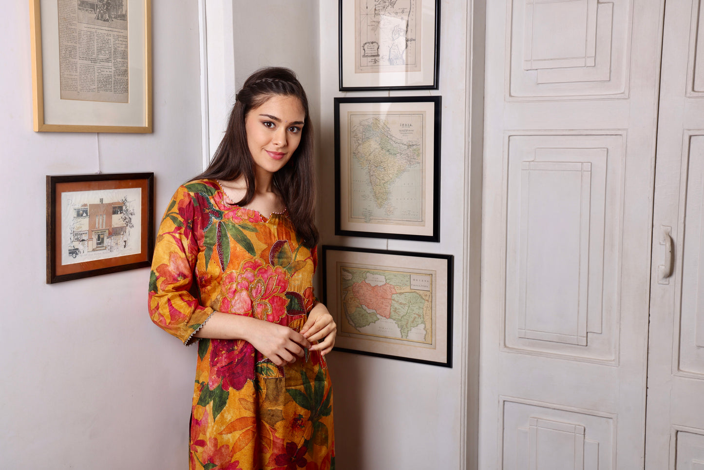 Mustard Floral Muslin Long Kurta