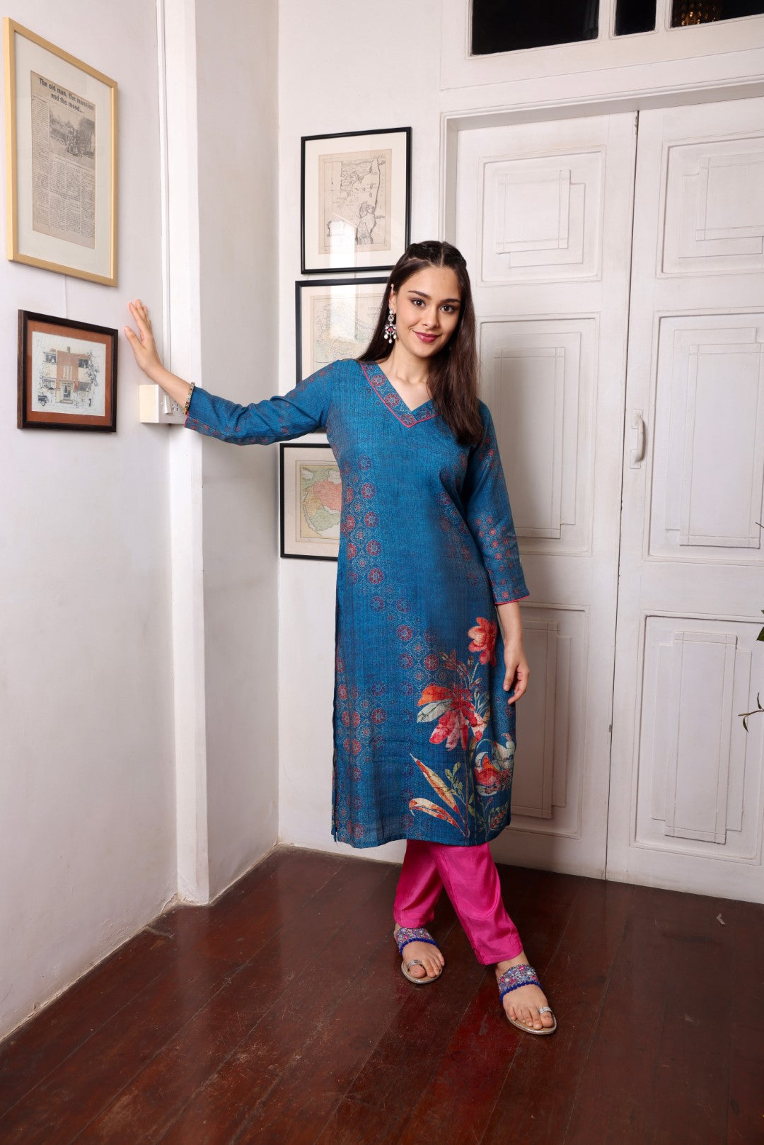 Navy Blue Floral Daaman Long Kurta